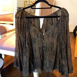 Free People Olive Green Floral Top